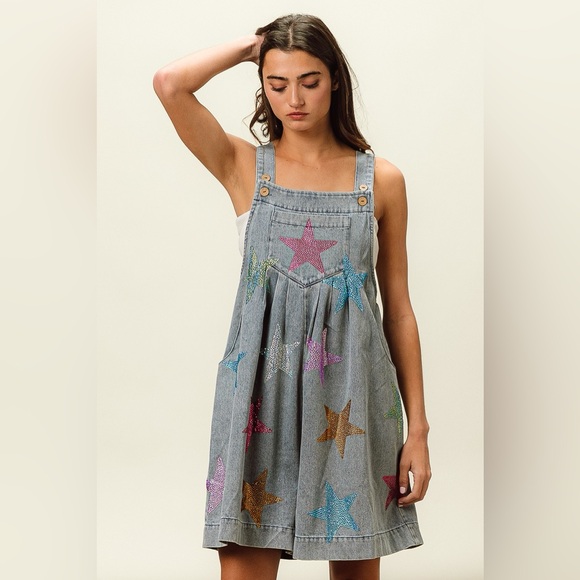 BiBi Star Rhinestone Washed Wide Leg Shortalls - Picture 13 of 14